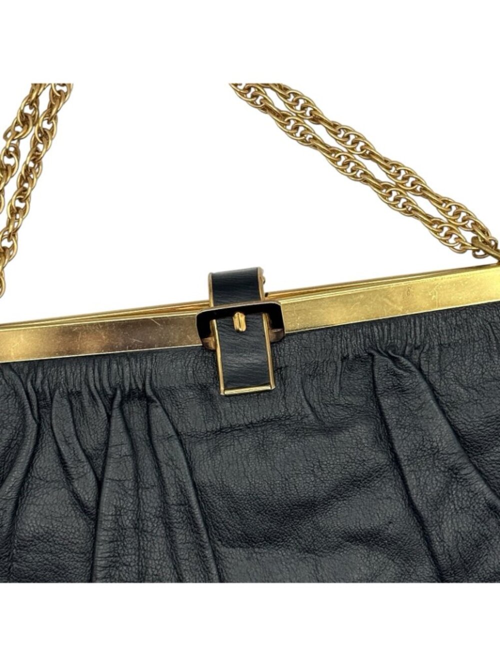 Vintage Mid Century Black Leather Frame Purse Gold Chain Strap Mad Men Style - Picture 3 of 16
